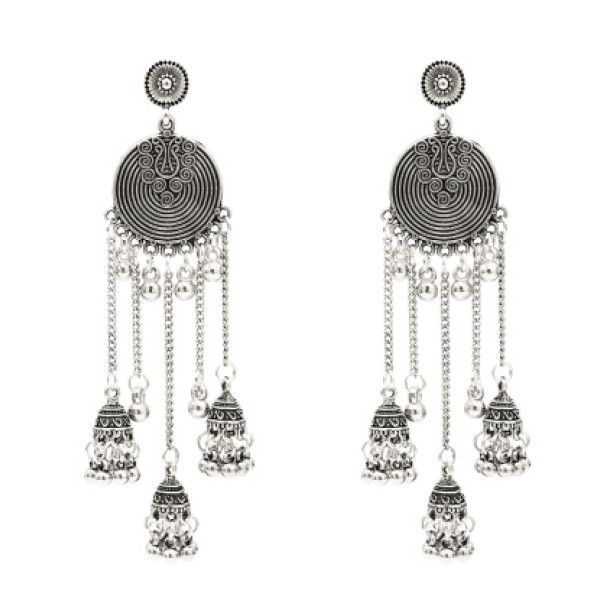 E-5307 Vintage Silver Gold Color Zamak Gypsy Indian Bells Long Tassel Statement Earrings For Women Boho Jewelry