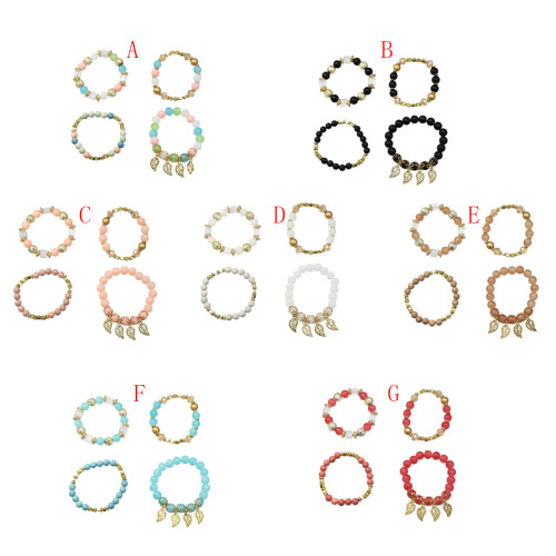 B-0973 4Pcs/Set Fashion Beaded Bracelets with Leaf Pendant Women Boho Party Jewelry