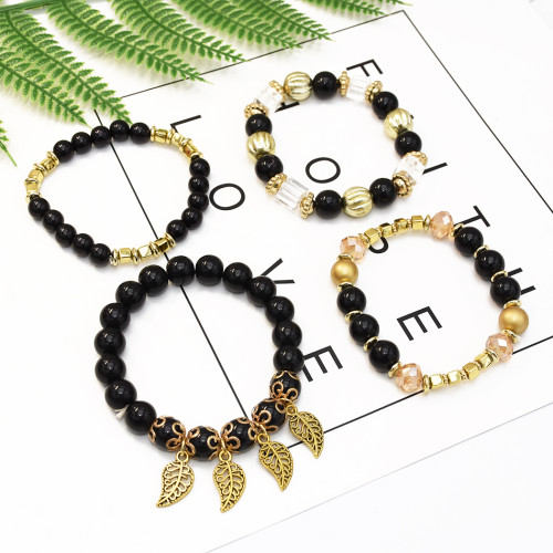 B-0973 4Pcs/Set Fashion Beaded Bracelets with Leaf Pendant Women Boho Party Jewelry