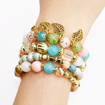 B-0973 4Pcs/Set Fashion Beaded Bracelets with Leaf Pendant Women Boho Party Jewelry