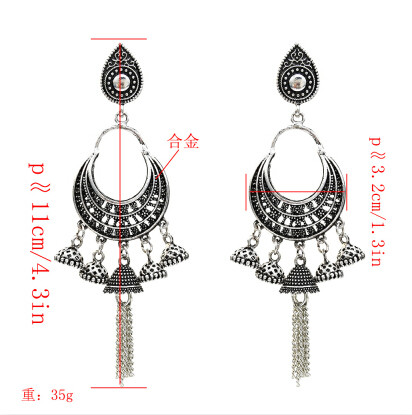 E-5314 Vintage Silver Gold Color Zamak Gypsy Indian Bells Long Tassel Statement Earrings For Women Boho Jewelry