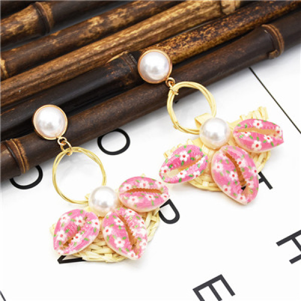 E-5315  5 Colors Fashion Youth Rattan Pearl Sea Shell Beach Earrings Drop Dangle Earring for Woman