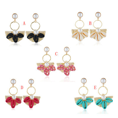 E-5315  5 Colors Fashion Youth Rattan Pearl Sea Shell Beach Earrings Drop Dangle Earring for Woman