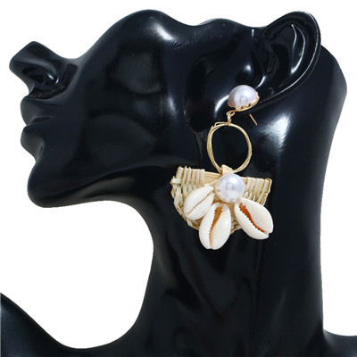 E-5315  5 Colors Fashion Youth Rattan Pearl Sea Shell Beach Earrings Drop Dangle Earring for Woman