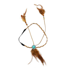 F-0430 Handmade Ethnic Rope Leather Brown Feather Headbands Wood Beads Boho Hair Accessories Fashion Jewelry