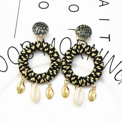E-5333  4 Color Hand-woven Geometric Circle Drop Dangle Earring Fashion Natural Pearl Sea Shell Beach Earrings for Women