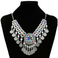 N-7236 Gypsy silver coin tassel colorful beads tassel choker statement necklace for women tribal jewelry