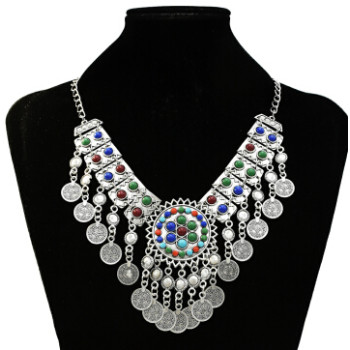 N-7236 Gypsy silver coin tassel colorful beads tassel choker statement necklace for women tribal jewelry