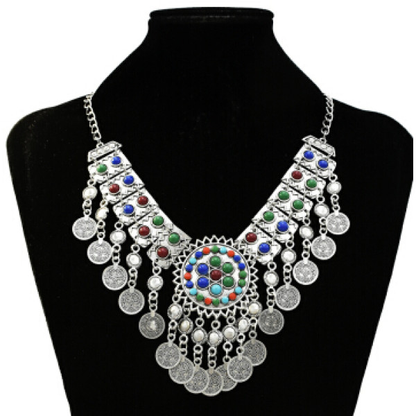 N-7236 Gypsy silver coin tassel colorful beads tassel choker statement necklace for women tribal jewelry