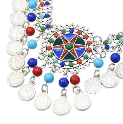 N-7236 Gypsy silver coin tassel colorful beads tassel choker statement necklace for women tribal jewelry