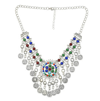 N-7236 Gypsy silver coin tassel colorful beads tassel choker statement necklace for women tribal jewelry