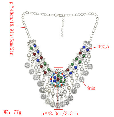 N-7236 Gypsy silver coin tassel colorful beads tassel choker statement necklace for women tribal jewelry