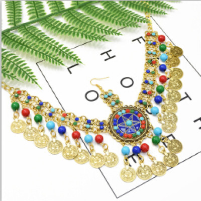 F-0640 Women Colorful Beads Coin Tassel Belly Dance Head Chain Maang Tikka  Costume Gypsy Vintage Hair Jewelry