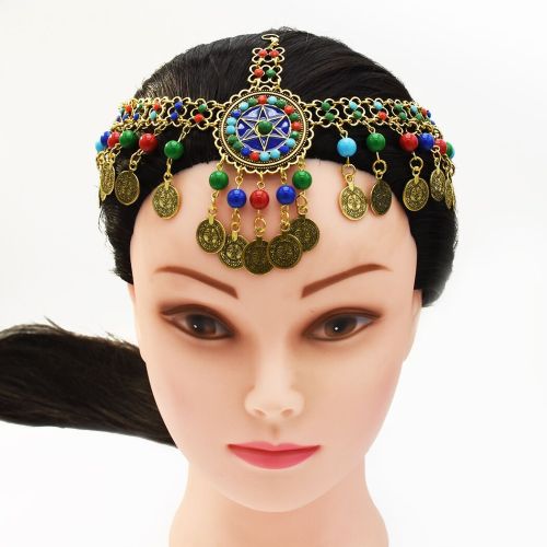 F-0640 Women Colorful Beads Coin Tassel Belly Dance Head Chain Maang Tikka  Costume Gypsy Vintage Hair Jewelry