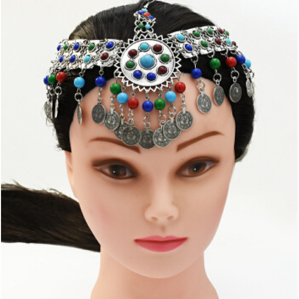 F-0639 Unique Turkish Women Colorful Beads Tassel Coin Belly Dance Head Chain Maang Tikka  Silver Vintage Hair Jewelry