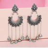 E-5349  Ethnic Vintage Style Silver Carved Flower Drop Zamak Gypsy Indian Bells Long Tassel Statement Earrings For Women Boho Jewelry