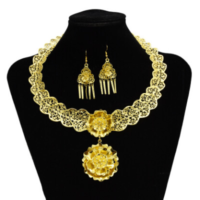 N-7244  Gypsy Turkish Gold Silver Carved Flower Necklace Earrings Sets Women's Tassels Pendant Jewelry Sets