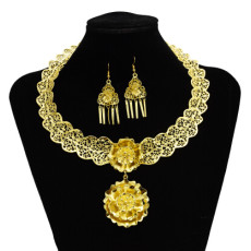 N-7244  Gypsy Turkish Gold Silver Carved Flower Necklace Earrings Sets Women's Tassels Pendant Jewelry Sets