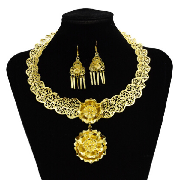 N-7244 Gypsy Turkish Gold Silver Carved Flower Necklace Earrings Sets Women's Tassels Pendant Jewelry Sets