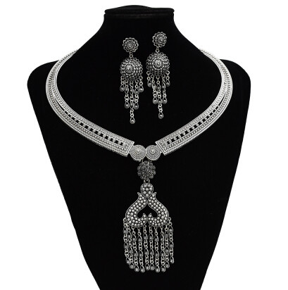 N-7244  Gypsy Turkish Gold Silver Carved Flower Necklace Earrings Sets Women's Tassels Pendant Jewelry Sets