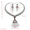 N-7244 Gypsy Turkish Gold Silver Carved Flower Necklace Earrings Sets Women's Tassels Pendant Jewelry Sets