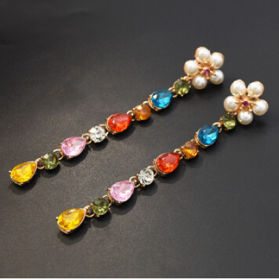 E-5357  Elegant Flower Pearl Crystal Long Drop Earrings for Women Bridal Wedding Party Jewelry