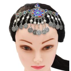 F-0664 Women Colorful Beads Coin Tassel Belly Dance Head Chain Maang Tikka Costume Gypsy Vintage Hair Jewelry