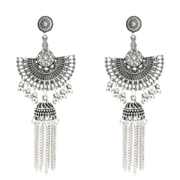 E-5379  Indian Vintage Gold Silver Long Tassel Statement Jhumka Earrings For Women Ethnic Party Jewelry
