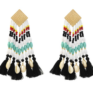 E-5388 Ethnic Bohemian Natural Shell Pendant Resin Beaded Statement Long Tassel Drop Earrings Party Jewelry