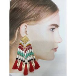 E-5388 Ethnic Bohemian Natural Shell Pendant Resin Beaded Statement Long Tassel Drop Earrings Party Jewelry