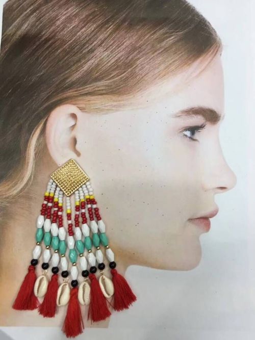 E-5388 Ethnic Bohemian Natural Shell Pendant Resin Beaded Statement Long Tassel Drop Earrings Party Jewelry
