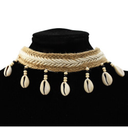 N-7258 Handmade Bohemian Cotton Woven Choker Necklace with Natural Sea Shell Pendant Summer Jewelry