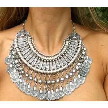 N-5163 Gypsy Vintage Silver Beach Choker Coin Tassel Bib Statement Necklace For Women Festival Jewelry