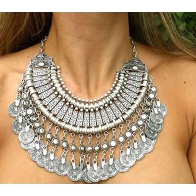 N-5163 Gypsy Vintage Silver Beach Choker Coin Tassel Bib Statement Necklace For Women Festival Jewelry