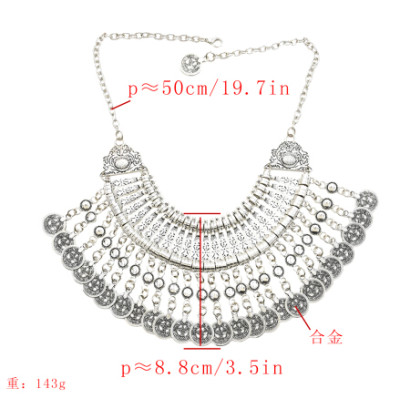 N-5163 Gypsy Vintage Silver Beach Choker Coin Tassel Bib Statement Necklace For Women Festival Jewelry