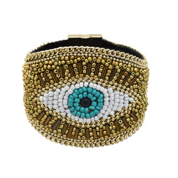 B-0982 Devil's Eye Bracelet Bohemian Rice Bead Bracelet Shiny Wide Jewelry Magnet Link Easy to Wear