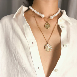 N-7269 FASHION DOUBLE GOLD ALLOY PEARL NECKLACE COIN PENDANT LADIES PARTY JEWELRY