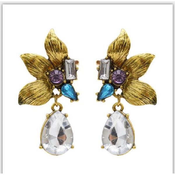 E-5404 Vintage Gold Metal  Flower Crystal  Pendant  Drop Earrings for Women Party Jewelry