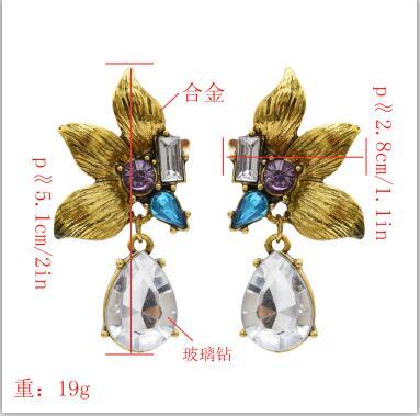 E-5404 Vintage Gold Metal  Flower Crystal  Pendant  Drop Earrings for Women Party Jewelry