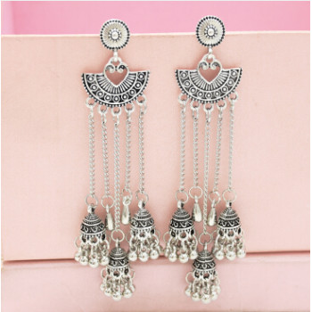 E-5408 Indian Vintage Silver Gold Long Tassel Statement Jhumka Earrings With Birdcage For Women Party Ethnic Jewelry