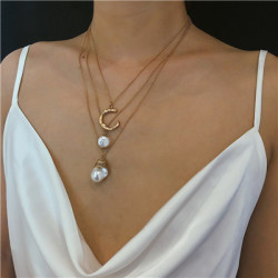 N-7273 Letter Pearl Gold Multi-layer Chain Necklace for Woman
