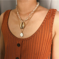 N-7275 MULTILAYER FASHIONABLE TRANSPARENT ROUGH STONE ALLOY NECKLACE COIN PENDANT PARTY JEWELRY