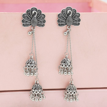 E-5422 Indian Big Flower Gold Silver Bells Long Tassel Jhumka Earrings For Women Wedding Party Jewelry