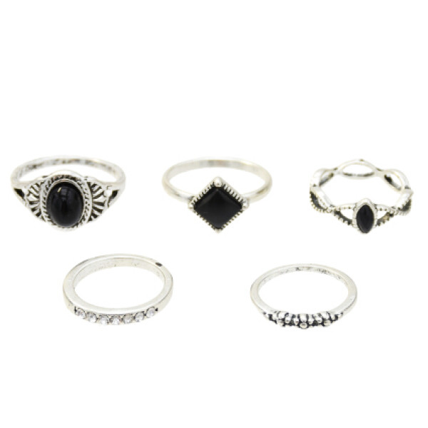 R-1417  5 Styles Vintage Silver Metal Acrylic Finger Ring Sets for Women Boho Wedding Party Jewelry