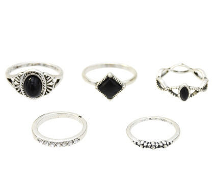R-1417  5 Styles Vintage Silver Metal Acrylic Finger Ring Sets for Women Boho Wedding Party Jewelry