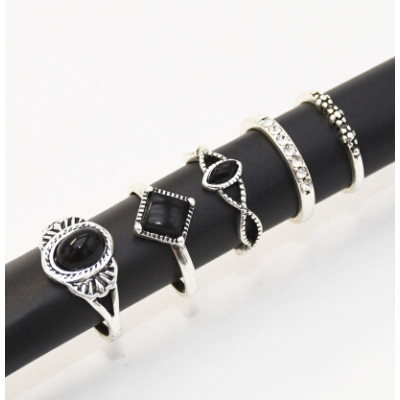 R-1417  5 Styles Vintage Silver Metal Acrylic Finger Ring Sets for Women Boho Wedding Party Jewelry