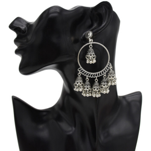 E-5434 Vintage Palace Silver Zamak Indian Bells Tassel Earrings With Birdcage For Women Jewellry