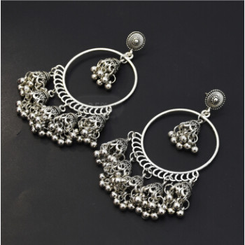 E-5434 Vintage Palace Silver Zamak Indian Bells Tassel Earrings With Birdcage For Women Jewellry