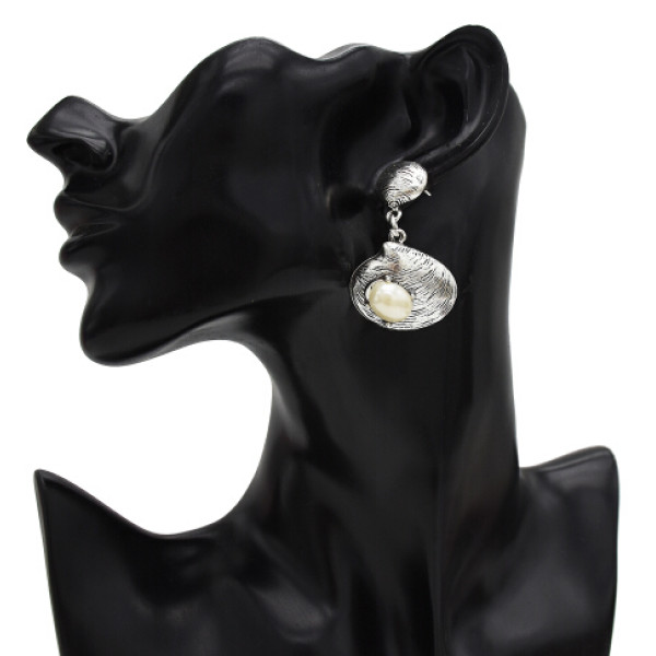 E-5435 Vintage Silver Gold Bronze Metal Shell Pearl Drop Dangle Earrings for Women Beach Party Jewelry