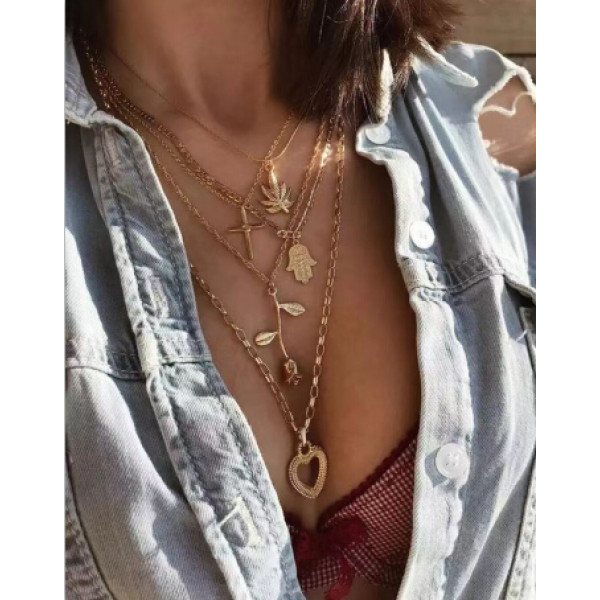 N-7288 2 Styles Women Gold Chain Multilayers Leaf Cross Heart Egyptian Pharaoh Pendant Necklaces Party Jewelry